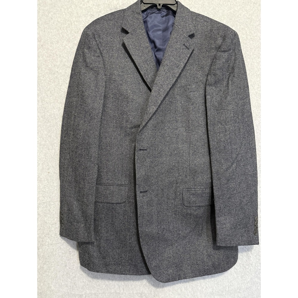 Lands' End‎ Blazer Sport Coat Mens 46L Gray Wool Herringbone Tweed Long Jacket